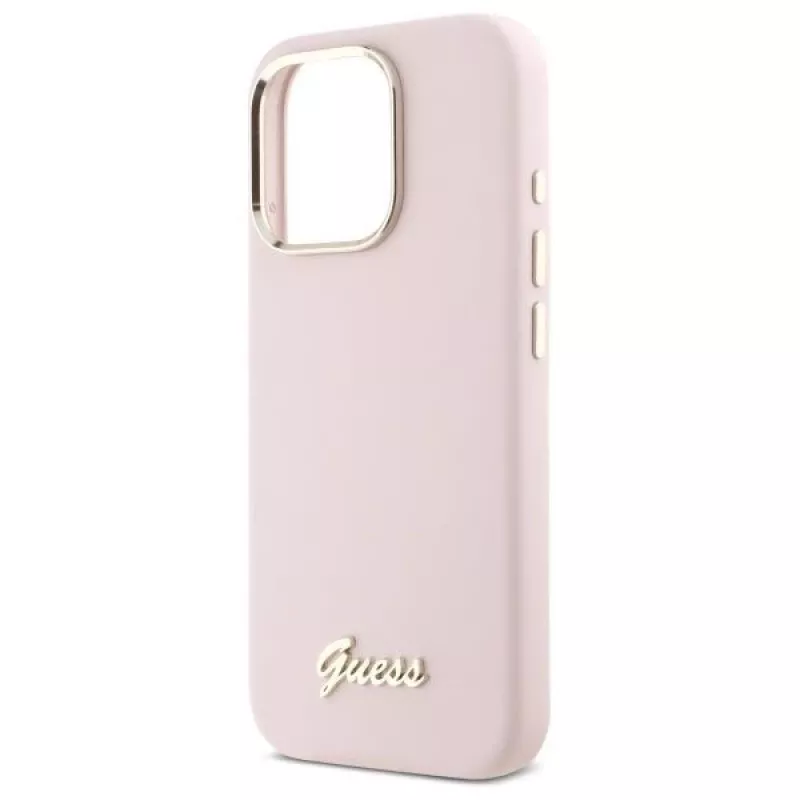 Guess GUHCP16LSMBSLP iPhone 16 Pro 6.3 Zoll Pink Silikon Hartschale mit Script Metal Logo & Rahmen