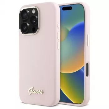 Guess GUHCP16LSMBSLP iPhone 16 Pro 6.3 Zoll Pink Silikon Hartschale mit Script Metal Logo & Rahmen