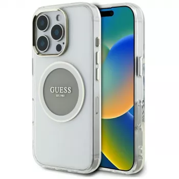 Guess IML Metal Colored Circle Classic Logo MagSafe Case für iPhone 16 Pro (Grau)