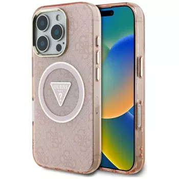 Guess IML Metal Glitter 4G Circle Triangle MagSafe Case für Apple iPhone 16 Pro Max (Pink)