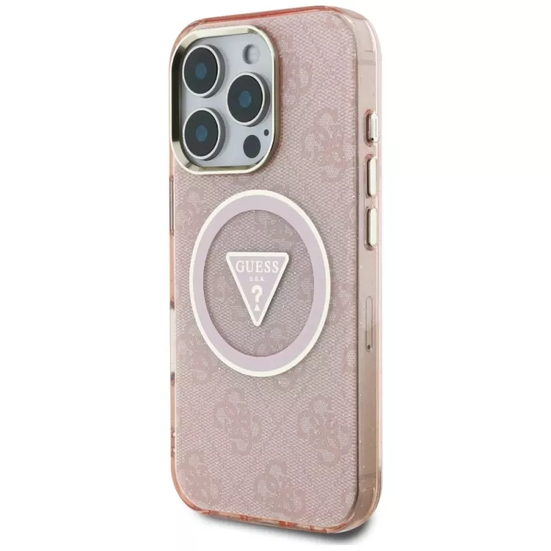 Guess IML Metal Glitter 4G Circle Triangle MagSafe Case für Apple iPhone 16 Pro Max (Pink)