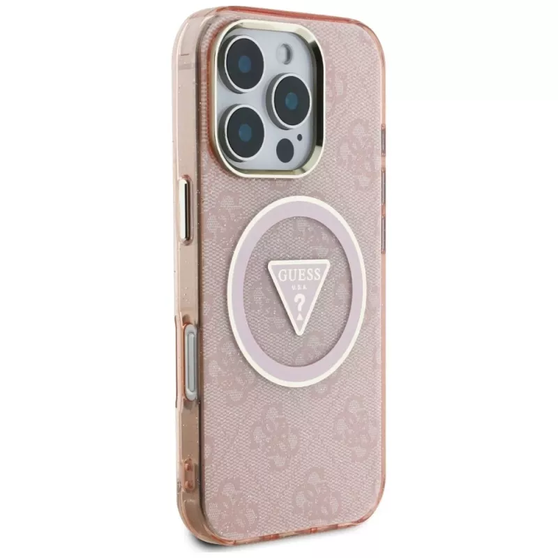 Guess IML Metal Glitter 4G Circle Triangle MagSafe Case für Apple iPhone 16 Pro Max (Pink)