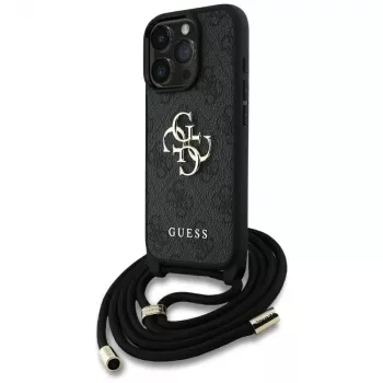 Guess 4G Big Logo Cord Strap Crossbody Case für iPhone 16 Pro (Schwarz)