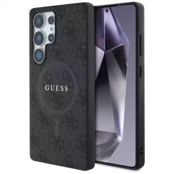 Guess Leather 4G Colored Ring Classic Logo MagSafe Back Cover für Samsung Galaxy S25 Ultra, Schwarz