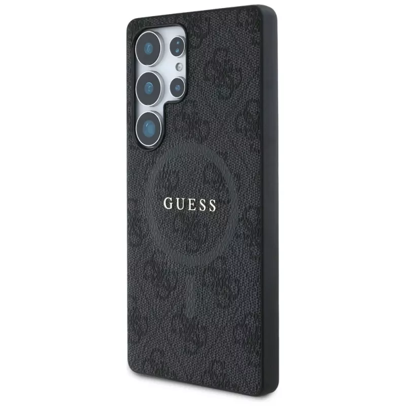 Guess Leather 4G Colored Ring Classic Logo MagSafe Back Cover für Samsung Galaxy S25 Ultra, Schwarz