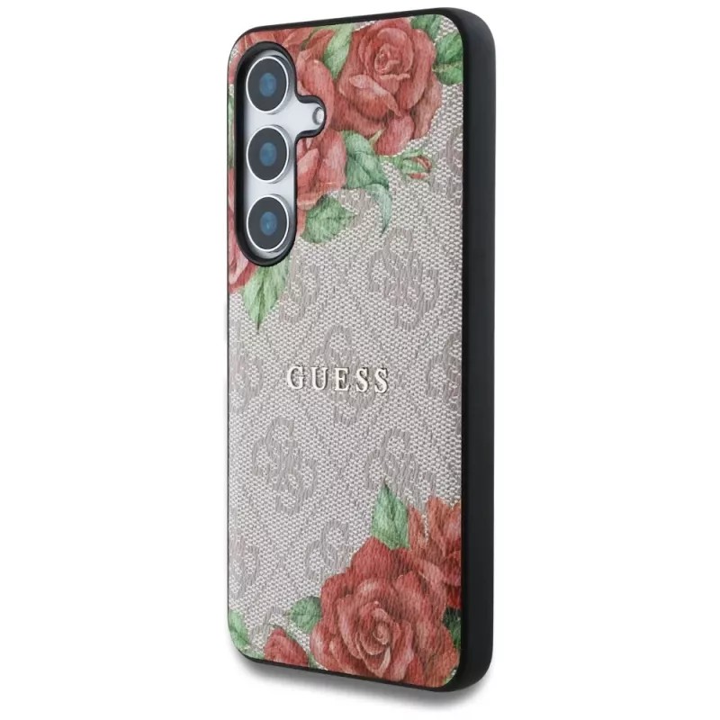 Guess Leather 4G Flowers Print Metal Classic Logo MagSafe Case für Samsung Galaxy S25 Pink