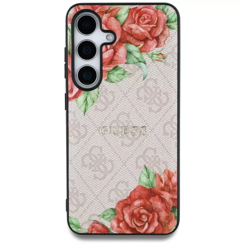 Guess Leather 4G Flowers Print Metal Classic Logo MagSafe Case für Samsung Galaxy S25 Pink