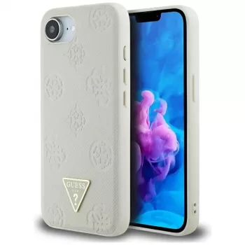 Guess Grained Hot Stamp Peony Triangle Logo MagSafe Case für iPhone 16e (Beige)