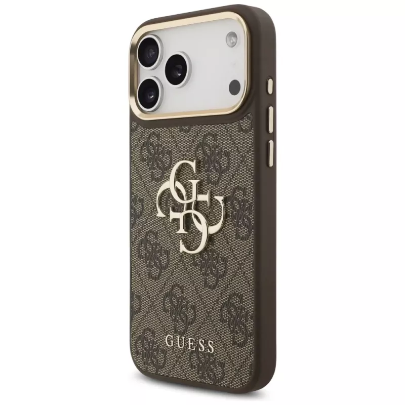 Guess 4G Big Classic Logo BigStrap Metal Buttons Case für iPhone 17 Pro Max, Braun