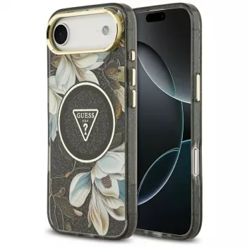 Guess IML Glitter Flowers Triangle MagSafe-Hülle für iPhone Air – Schwarz