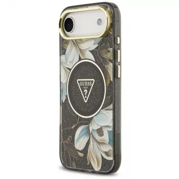 Guess IML Glitter Flowers Triangle MagSafe-Hülle für iPhone Air – Schwarz
