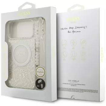Guess IML Flowers Electro Pearl Strap MagSafe Case für iPhone 17 Pro Max Weiß