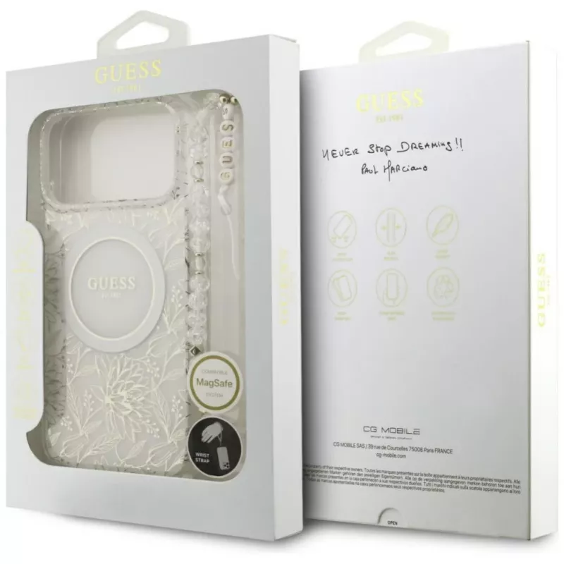 Guess IML Flowers Electro Pearl Strap MagSafe Case für iPhone 17 Pro Max Weiß