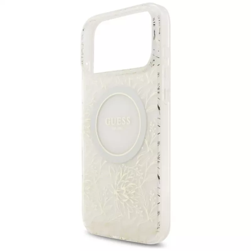 Guess IML Flowers Electro Pearl Strap MagSafe Case für iPhone 17 Pro Max Weiß