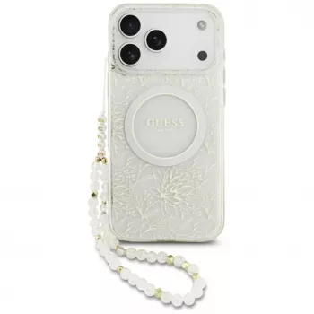 Guess IML Flowers Electro Pearl Strap MagSafe Case für iPhone 17 Pro Max Weiß