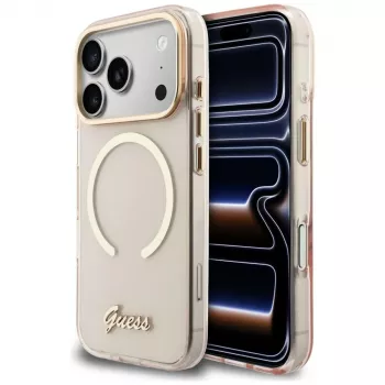 Guess IML Script Metal MagSafe Case für iPhone 15 Pro, Pink