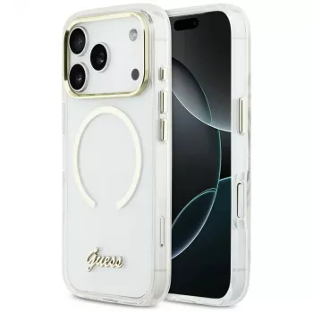 Guess IML Script Metal MagSafe Case für iPhone 17 Pro Transparent