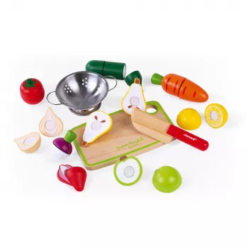 Janod Holz Obst- und Gemüse-Schneidebox-Set - 18 Teile Spielküchenzubehör mit Messer und Schneidebrett
