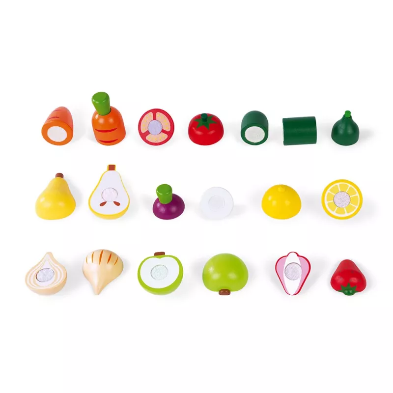 Janod Holz Obst- und Gemüse-Schneidebox-Set - 18 Teile Spielküchenzubehör mit Messer und Schneidebrett