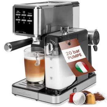 PROFI COOK PC-ES-KA 1266 Espressomaschine mit Siebträger und Kapselsystem, 20 bar, 1450 W, Schwarz/Silber