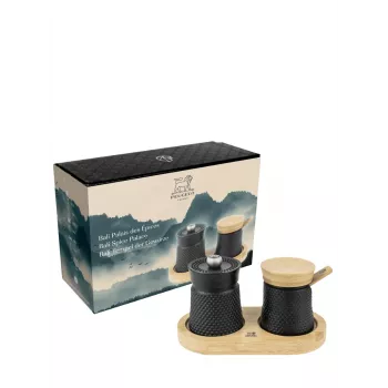 Peugeot Bali Fonte Salz- und Pfeffermühlen-Set mit Holztablett, 8 cm, Schwarz