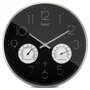 MEBUS 12988 Funk-Wanduhr mit Thermo-Hygrometer - Silber/Grauer Rahmen, Weißes Zifferblatt, Analoge Zeitanzeige, Digitale Temperatur & Luftfeuchtigkeit, DCF77 Funkgesteuert