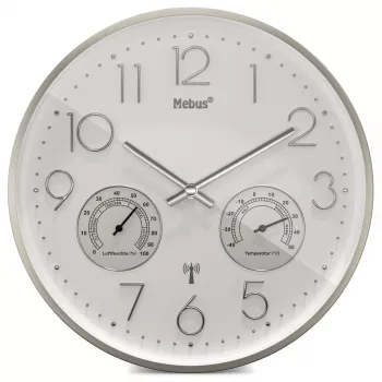 MEBUS 12989 Funk-Wanduhr mit Thermo-Hygrometer, silberner Rahmen, weißes Zifferblatt, DCF77