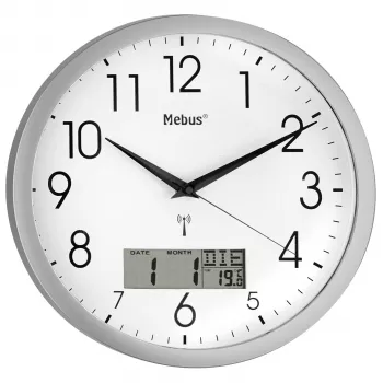 Mebus 19422 Funkwanduhr, Analog, Weißes Zifferblatt, Silbernes Gehäuse, 30 cm