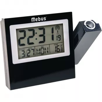 MEBUS 42424 Projektions-Wecker mit Funksteuerung DCF77, rote LED-Projektion, LCD-Anzeige, Dual-Alarm, Innentemperatur, blaue Hintergrundbeleuchtung, schwarz