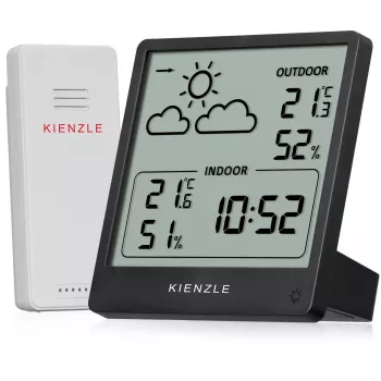 KIENZLE Wetterstation Slim (15002) mit kabellosem Außensensor, LCD-Display, Wettervorhersage, Mondphase, Wecker