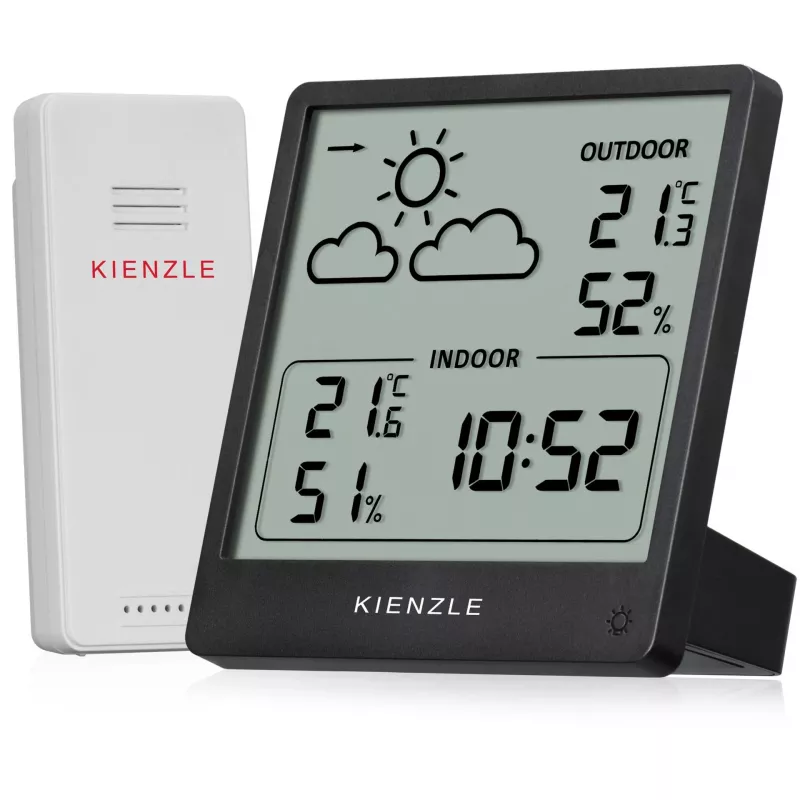 KIENZLE Wetterstation Slim (15002) mit kabellosem Außensensor, LCD-Display, Wettervorhersage, Mondphase, Wecker