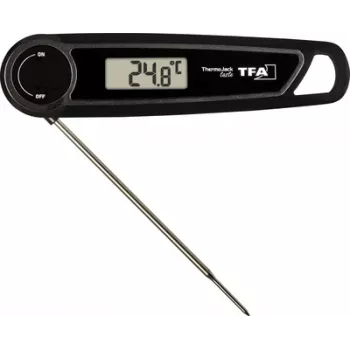 TFA THERMO JACK TASTE Digitales Küchenthermometer mit Timer und Alarm, Edelstahlsonde, 160 mm, -50 bis +300 °C, LCD-Display, Schwarz/Weiß