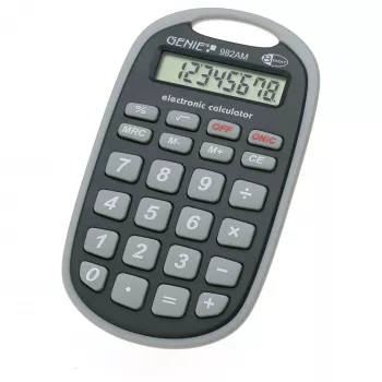 Genie 982 AM Taschenrechner mit Schutzhülle, 8-stelliges LCD-Display, Dual Power (Solar & Batterie), Schwarz/Grau