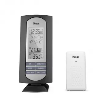 MEBUS 11146 Funk-Wetterstation mit Außensensor, LCD-Display, DCF77-Funkuhr, Temperatur- und Luftfeuchtigkeitsmonitor, Wettervorhersage, Mondphase, Wecker, Schlummerfunktion, Hintergrundbeleuchtung, wandmontierbar, schwarz