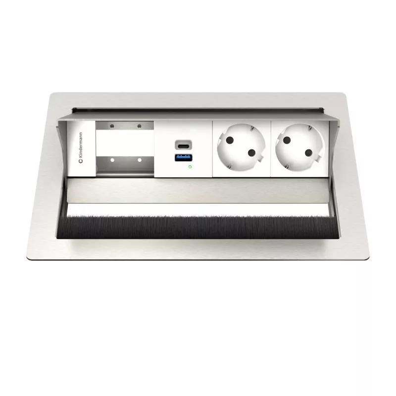 Kindermann CP Standard² VA 4f. Desktop-Anschlussfeld mit 2x Schuko-Steckdosen und 1x USB-A-Ladeport, Silber/Schwarz