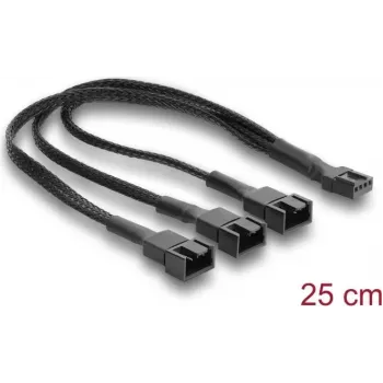 Delock Fan Cable Splitter 1 x 4-Pin PWM Female to Male + 2 x 4-Pin (3 Pins Wired) Male with Braided Sleeving 25 cm Black