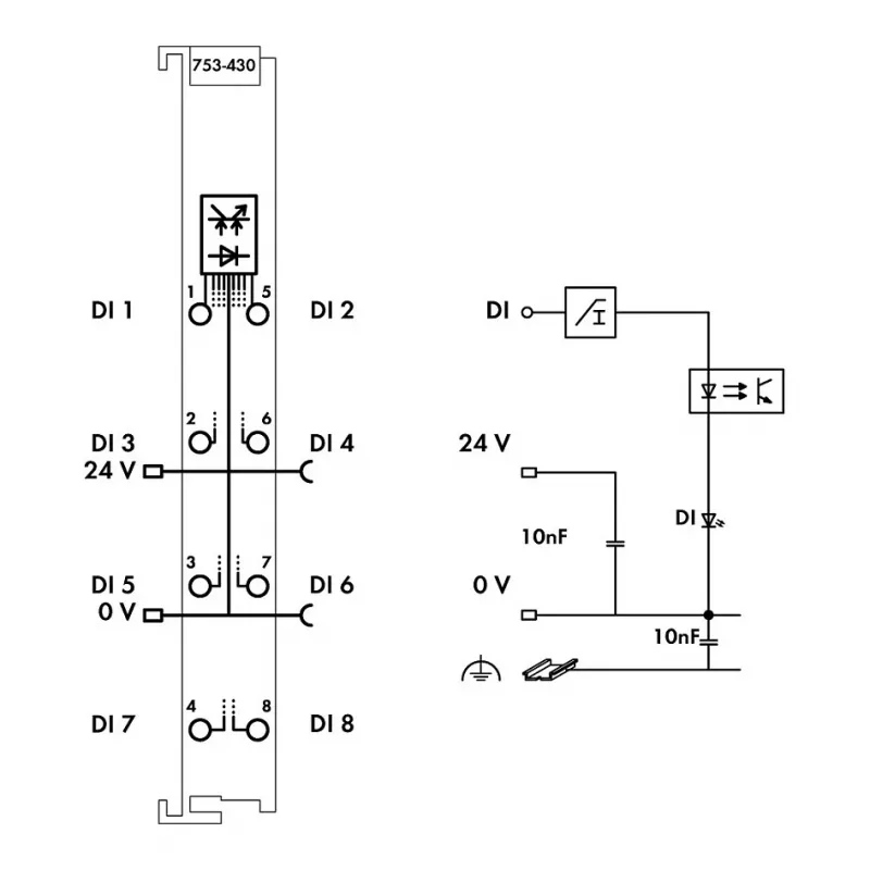 WAGO 753-430 - 8-Kanal Digital-Eingangsmodul, 24 VDC, 5 kV Isolation, CAGE CLAMP, Hutschiene