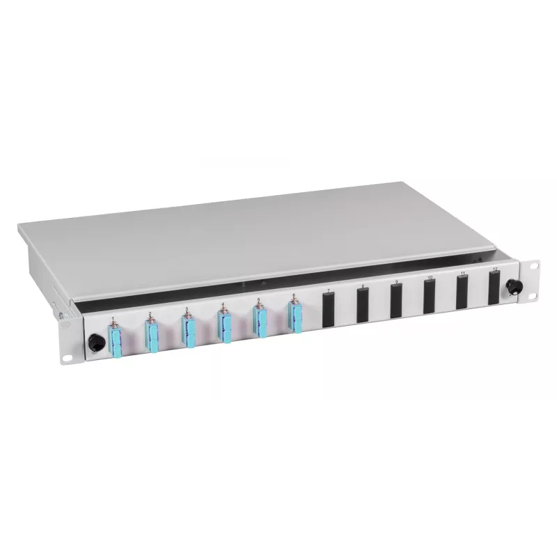 EFB Elektronik Spleißbox SC OS2 9/125µm Sliding 24 Pigtails 12 Couplers 1U 19 inch Rack Mount Grau