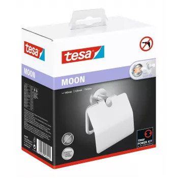 Tesa MOON Toilettenpapierhalter mit Deckel, selbstklebend, Edelstahl-Optik, silber, 1 Stück