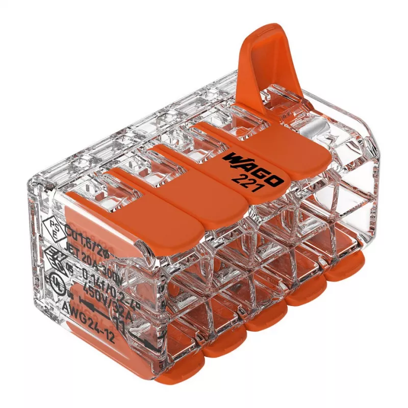 WAGO 221-420 Kompakt-Spleißverbinder mit Hebeln, 10-Leiter, 0,2-4 mm², transparentes Gehäuse, oranger Hebel, 10er-Pack