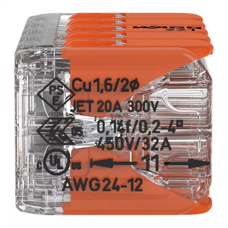 WAGO 221-420 Kompakt-Spleißverbinder mit Hebeln, 10-Leiter, 0,2-4 mm², transparentes Gehäuse, oranger Hebel, 10er-Pack