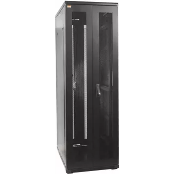 IT-BUDGET 19-Zoll Netzwerkschrank SRK Komplettset 42U 600x600 mm perforierte Doppeltüren vorne und hinten 4 aktive Lüfter PDU Regale vormontiert schwarz (99ITB19SRK4266DTSM)