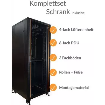 IT-BUDGET 19-Zoll Netzwerkschrank SRK - Komplettset - 42HE - Breite 800 mm, Tiefe 800 mm - Glas-/Stahltür - 4 Aktivlüfter - PDU - Einschübe - vormontiert - Schwarz (99ITB19SRK4288GSM)