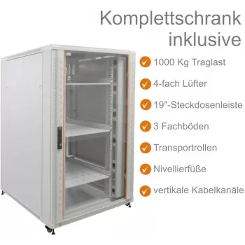 IT-BUDGET 19 inch Netzwerkschrank SRK - Komplettset - 27U - 800x800 mm - Sicht-/Blech-Tür - 4 Aktivlüfter - PDU - Einschübe - Flatpack - Lichtgrau (90ITB19SRK2788GG)