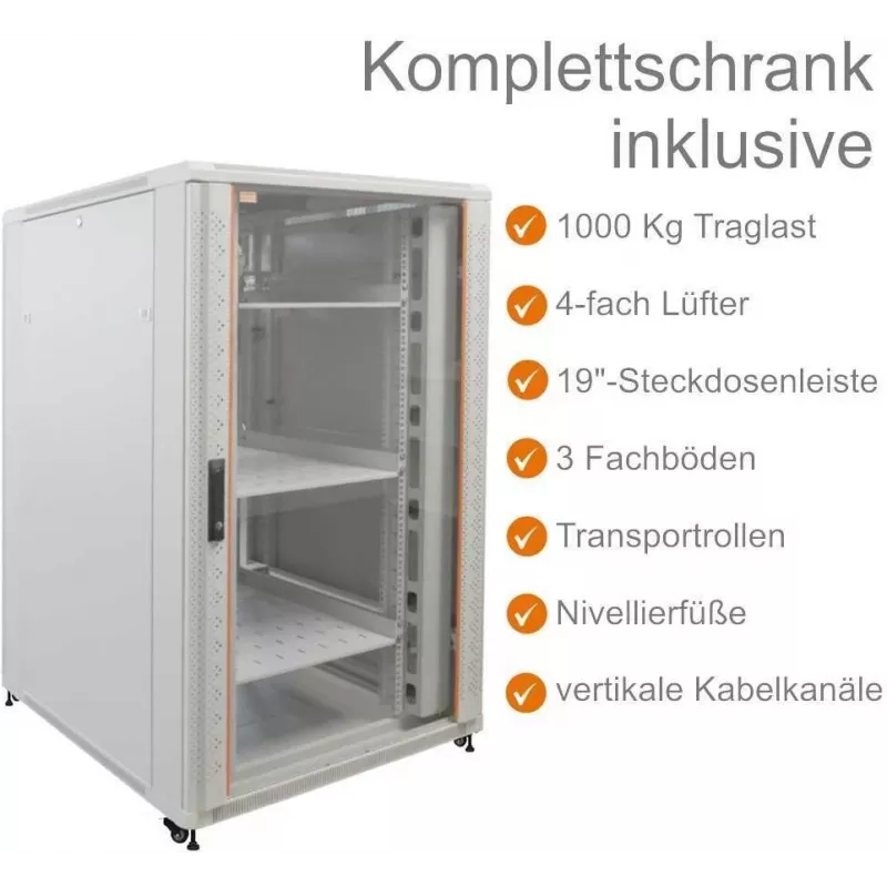 IT-BUDGET 19 inch Netzwerkschrank SRK - Komplettset - 27U - 800x800 mm - Sicht-/Blech-Tür - 4 Aktivlüfter - PDU - Einschübe - Flatpack - Lichtgrau (90ITB19SRK2788GG)