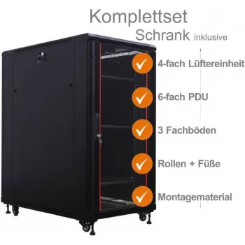 IT-BUDGET 19-Zoll Netzwerkschrank SRK - Komplettset - 27 HE - BxT 800x800 mm - Glas-/Stahlblechtür - 4 Aktivlüfter - PDU - Einschübe - vormontiert - Schwarz (99ITB19SRK2788GSM)