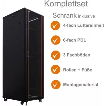 IT-BUDGET 19-Zoll Netzwerk-Rack SRK - Komplettset - 42U - 600x800 mm - Glas-/Stahltür - 4 aktive Lüfter - PDU - Regalböden - Flatpack - Schwarz (90ITB19SRK4268GS)