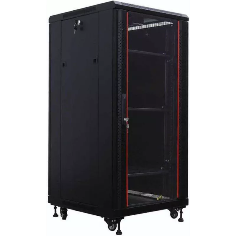 IT-BUDGET 19-Zoll Netzwerkschrank SRK - 27U - 600x600 mm - Tür aus gehärtetem Glas/Vollstahl - vormontiert - Schwarz (99ITB19SRK2766GSNM)