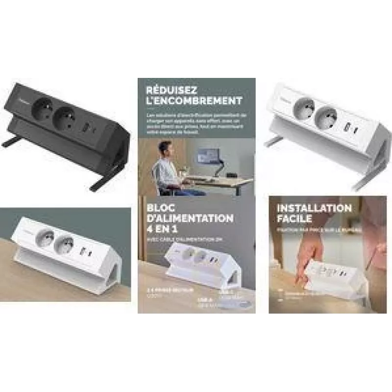 Fellowes Power Desk 2 Desk Power Strip, Type E, 2 Outlets, 2 USB, Black