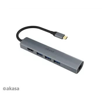 Akasa AK-CBCA22-18BK USB-C Multiport Adapter - USB 3.2 Gen 1 Type-C auf HDMI, RJ-45, USB-A - Aluminium - Schwarz - 18 cm